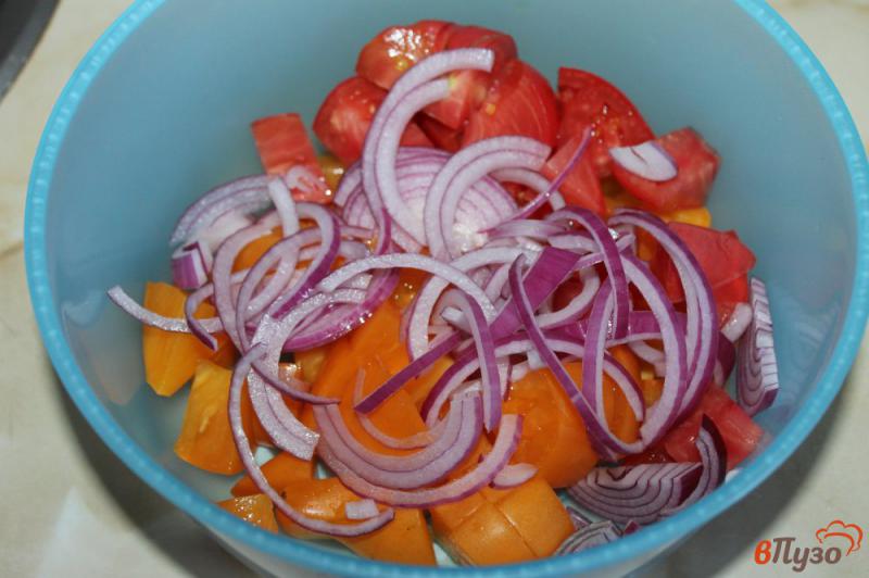 Фото приготовление рецепта: Томатный салат с моцареллой и красным луком шаг №2