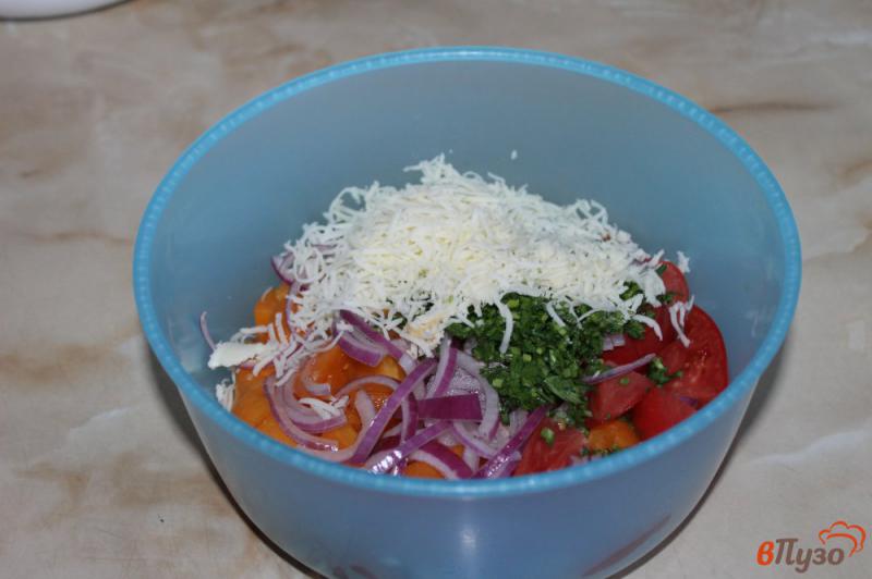 Фото приготовление рецепта: Томатный салат с моцареллой и красным луком шаг №4