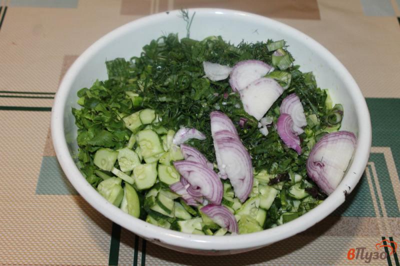 Фото приготовление рецепта: Зеленый салат с огурцом и перцем шаг №4