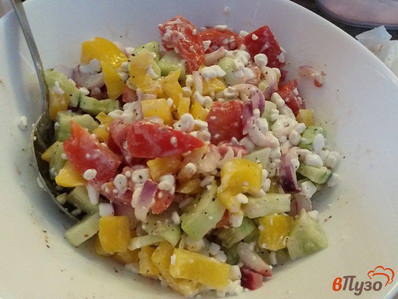Фото приготовление рецепта: Овощной салат с творогом и кинзой. шаг №8