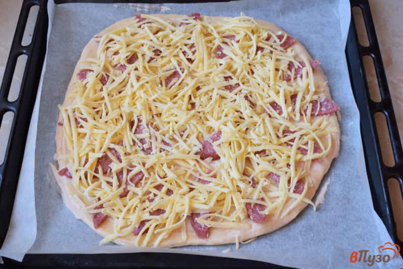 Фото приготовление рецепта: Пицца с колбасой и помидорами на дрожжевом тесте шаг №4