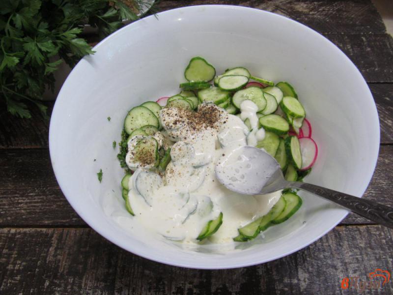 Фото приготовление рецепта: Салат из огурца с редиской и ее листвой шаг №5