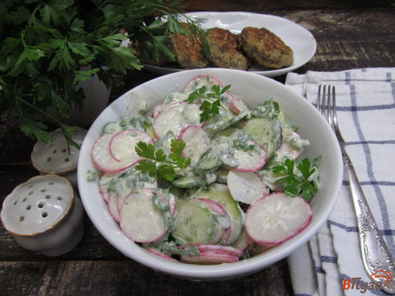 Фото приготовление рецепта: Салат из огурца с редиской и ее листвой шаг №6