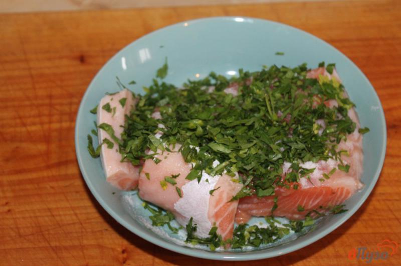 Фото приготовление рецепта: Засол красной рыбы в зелени на бутерброды шаг №3