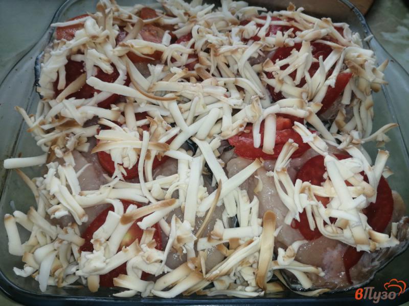 Фото приготовление рецепта: Кета запеченная под помидорами и сыром шаг №6