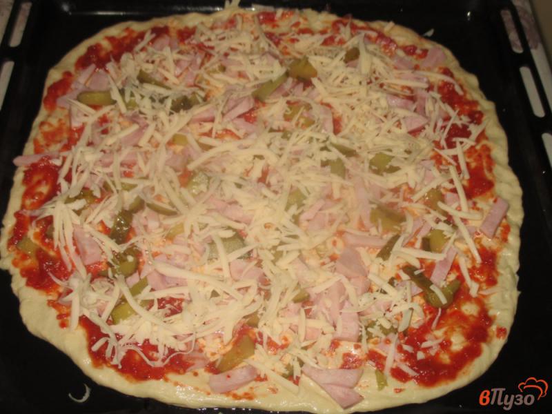 Фото приготовление рецепта: Пицца с ветчиной и сыром на тонком дрожжевом тесте шаг №9