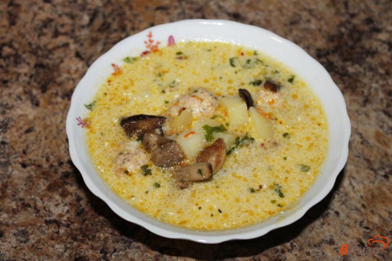 Фото приготовление рецепта: Сливочный суп с фрикадельками и грибами шаг №7
