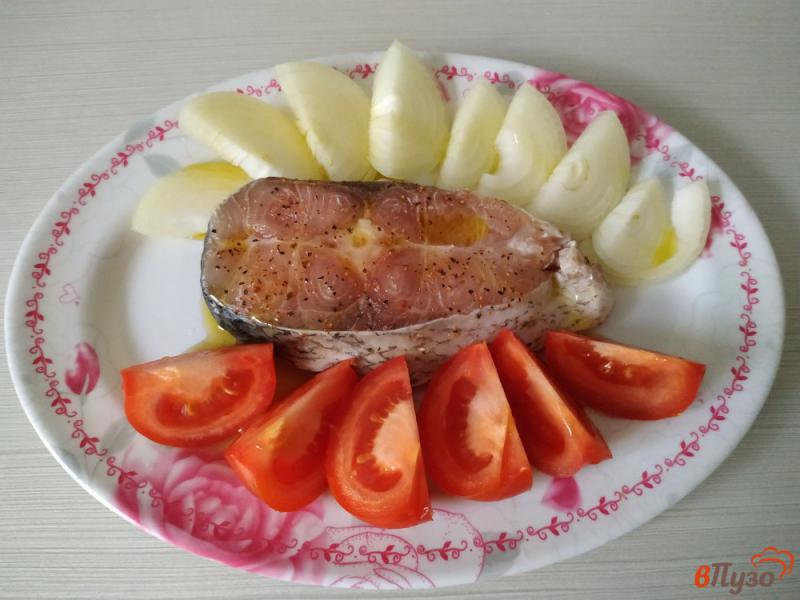 Фото приготовление рецепта: Запечённый толстолобик под сырной корочкой с помидорами и луком шаг №3