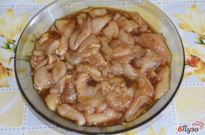 Фото приготовление рецепта: Джерки из куриной грудки с семенами горчицы и соевым соусом шаг №3