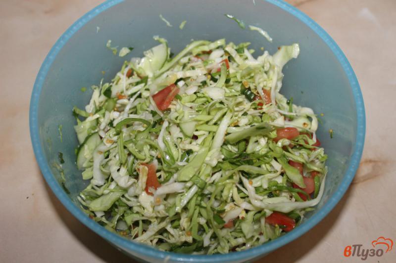 Фото приготовление рецепта: Салат из молодой капусты с огурцом и горчицей в зернах шаг №4