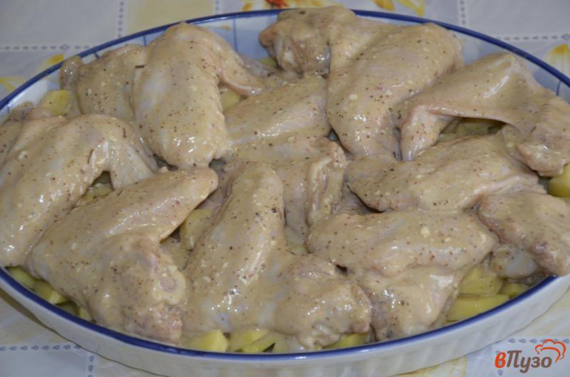 Фото приготовление рецепта: Куриные крылья с картофелем в духовке шаг №4