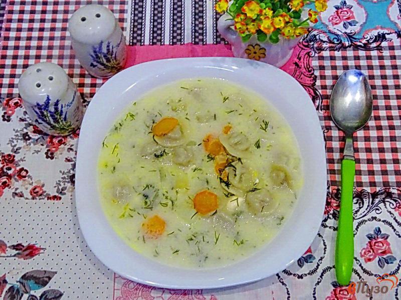 Фото приготовление рецепта: Суп с пельменями и сыром моцарелла шаг №9