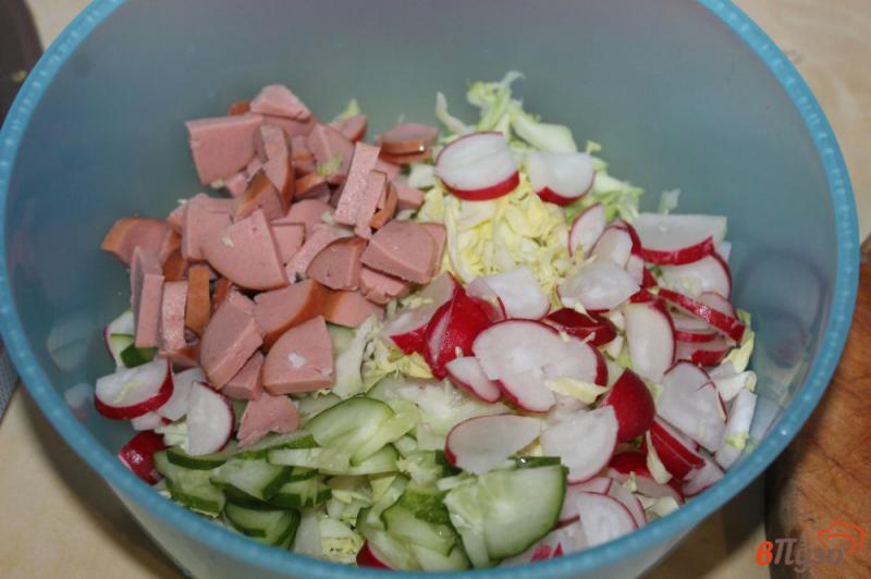 Фото приготовление рецепта: Салат из капусты с редисом и колбасой на майонезе шаг №2