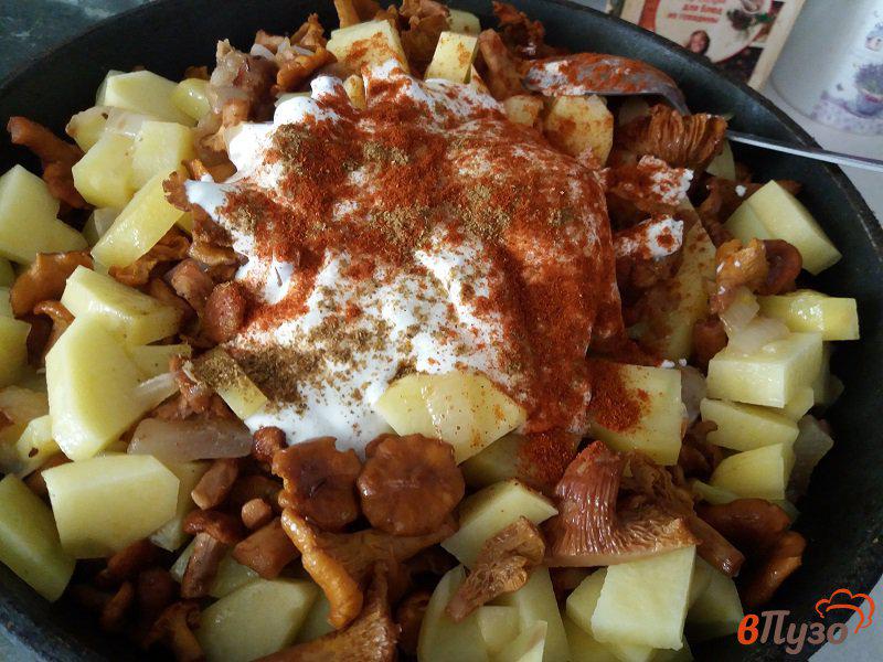 Фото приготовление рецепта: Тушеный картофель с лисичками в сметане шаг №7