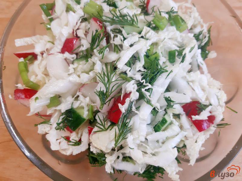 Фото приготовление рецепта: Салат с пекинской капустой редисом и огурцами шаг №7