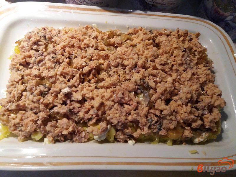 Фото приготовление рецепта: Слоёный салат из консервированного лосося с черносливом шаг №6