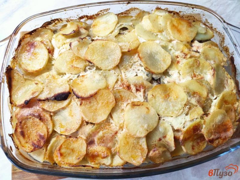 Фото приготовление рецепта: Картофель запечённый в сметане с курицей и грибами шаг №10