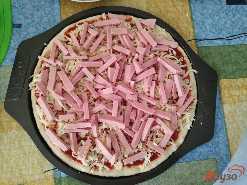 Фото приготовление рецепта: Пицца с черными оливками и двумя видами колбасы шаг №13