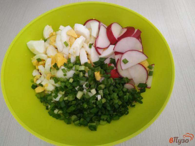 Фото приготовление рецепта: Салат из редиски яйца и зелёного лука шаг №4