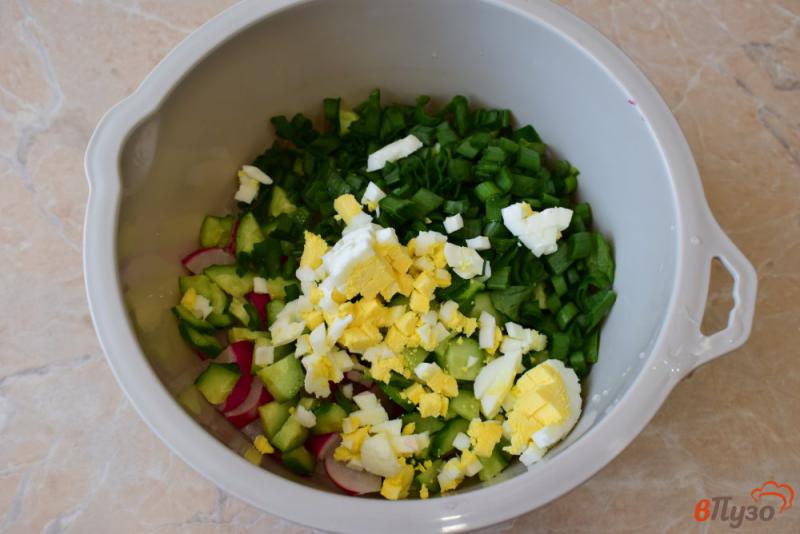 Фото приготовление рецепта: Салат с редисом огурцом и щавелем шаг №4