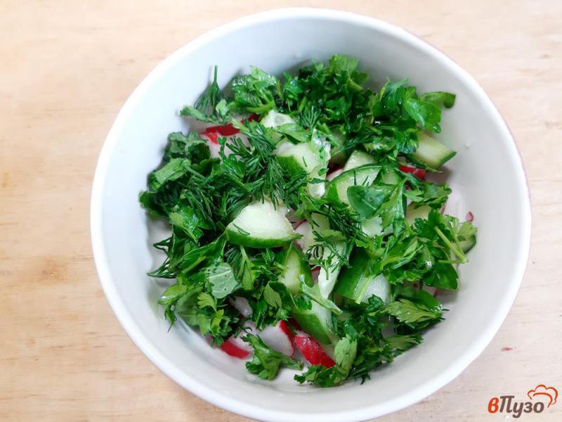 Фото приготовление рецепта: Салат из редиса с огурцом и рукколой шаг №4