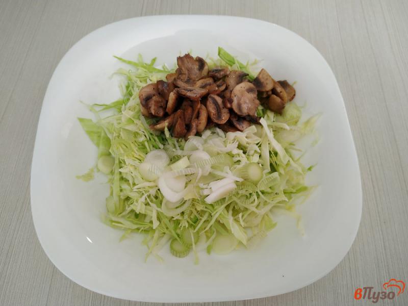 Фото приготовление рецепта: Салат с молодой капустой и жареными грибами шаг №5