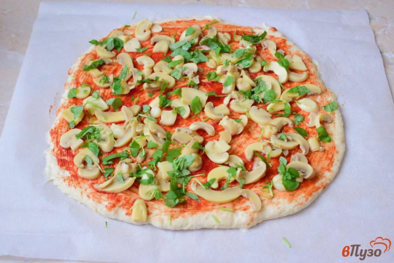 Фото приготовление рецепта: Пицца с грибами базиликом и моцареллой шаг №6