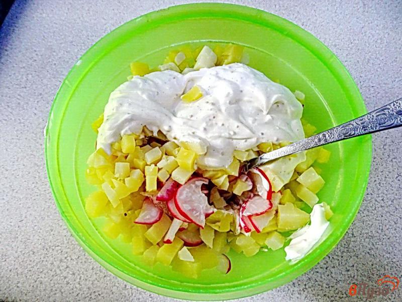 Фото приготовление рецепта: Картофельный немецкий салат с редисом и огурцом шаг №5