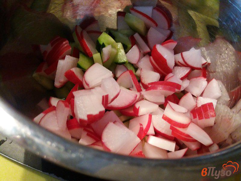 Фото приготовление рецепта: Весенний салат из редиски и свежих огурцов шаг №4