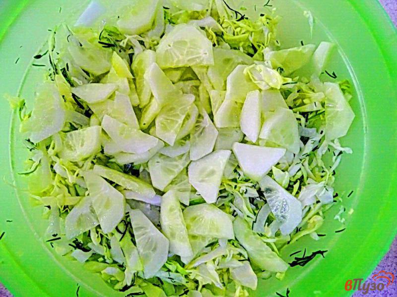 Фото приготовление рецепта: Салат из молодой капусты помидоров и огурцов шаг №5