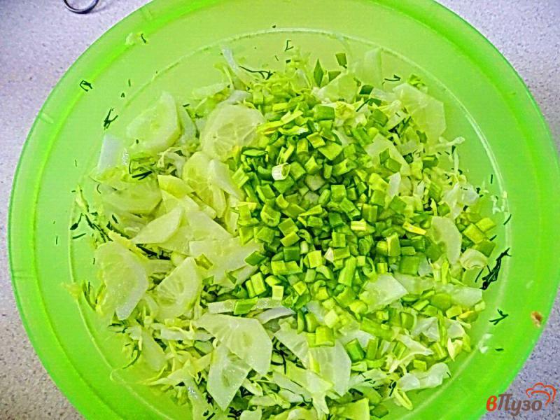 Фото приготовление рецепта: Салат из молодой капусты помидоров и огурцов шаг №6
