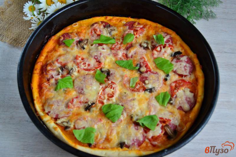 Фото приготовление рецепта: Тонкая пицца с колбасой и сыром шаг №10