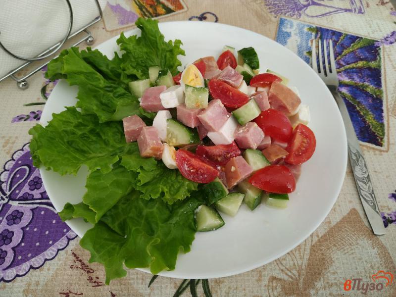 Фото приготовление рецепта: Салат из огурцов помидор ветчины и сыра фета шаг №7