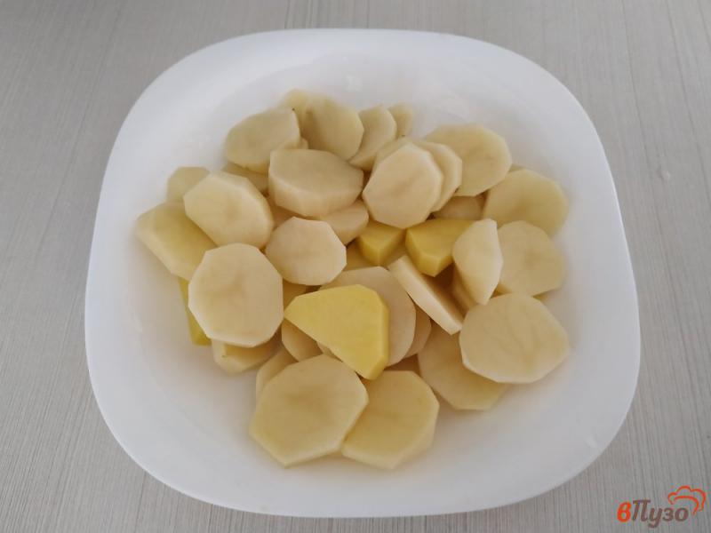 Фото приготовление рецепта: Запечённый картофель слоями с салом луком и сыром шаг №1