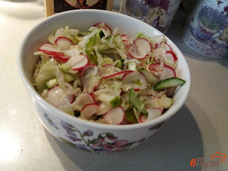Фото приготовление рецепта: Салат из молодой капусты с редиской и огурцами шаг №5