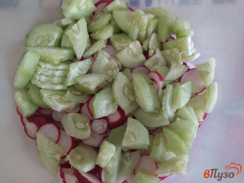 Фото приготовление рецепта: Салат из молодой капусты с редиской и огурцами шаг №4