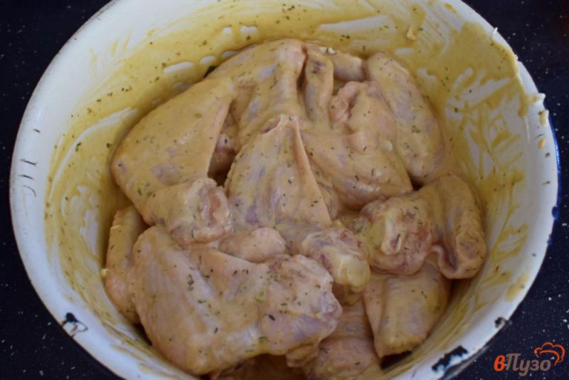 Фото приготовление рецепта: Горчично-соевые крылышки в духовке шаг №4