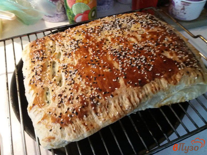 Фото приготовление рецепта: Пирог из дрожжевого слоёного теста со шпинатом и слабосоленым лососем шаг №10