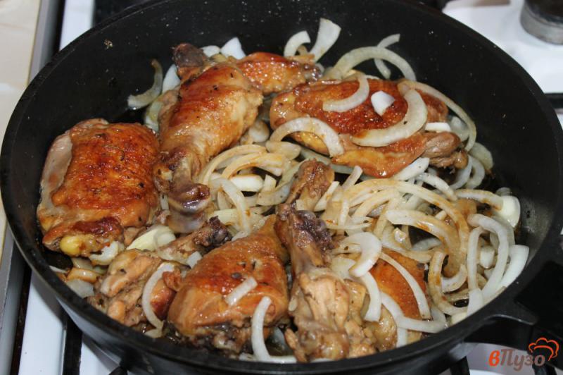 Фото приготовление рецепта: Тушеная курица с луком на сковороде шаг №4