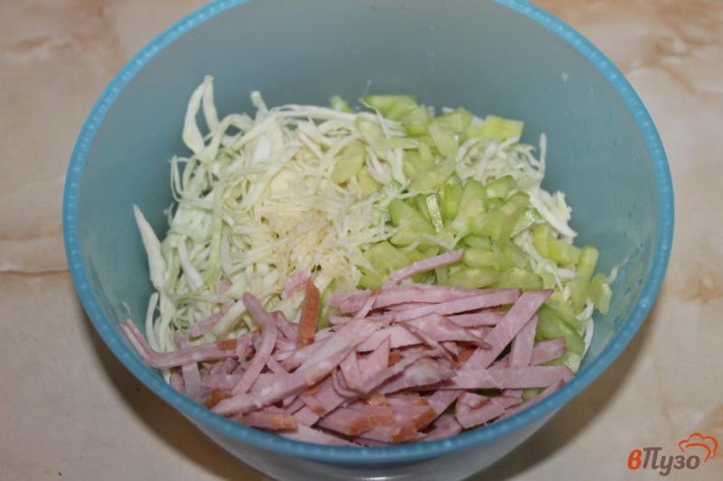 Фото приготовление рецепта: Салат из белокочанной капусты с колбасой и чесноком шаг №3