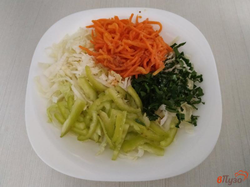 Фото приготовление рецепта: Салат с пекинской капустой болгарским перцем и морковью по-корейски шаг №6