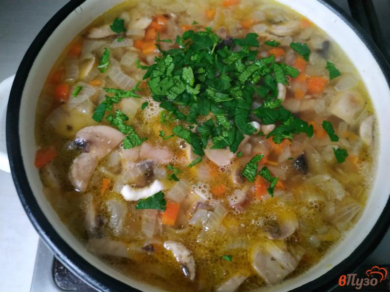 Фото приготовление рецепта: Луковый суп с плавленым сыром и грибами шаг №9
