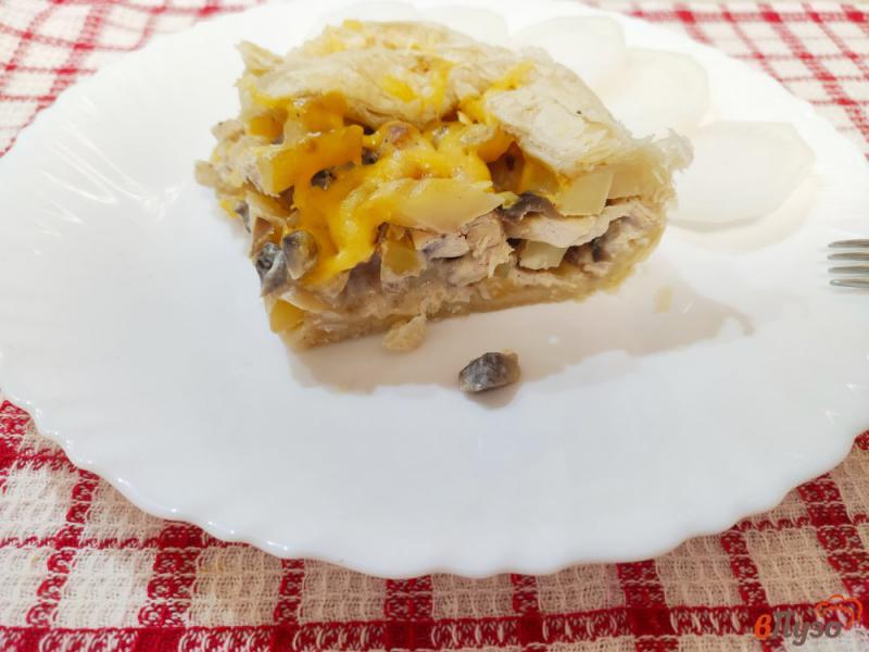 Фото приготовление рецепта: Открытый пирог с курицей грибами и картофелем шаг №14