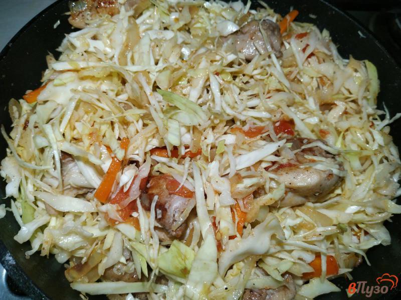 Фото приготовление рецепта: Тушёная капуста с курицей и овощами шаг №9