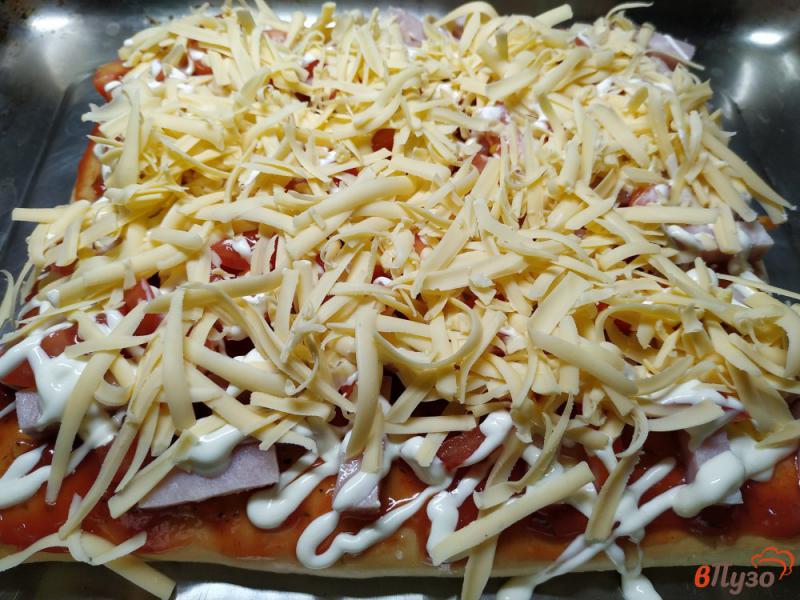 Фото приготовление рецепта: Пицца с ветчиной помидорами и соусом сацебели шаг №6