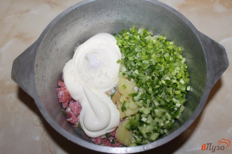 Фото приготовление рецепта: Окрошка с мясом и колбасой на бульоне шаг №4