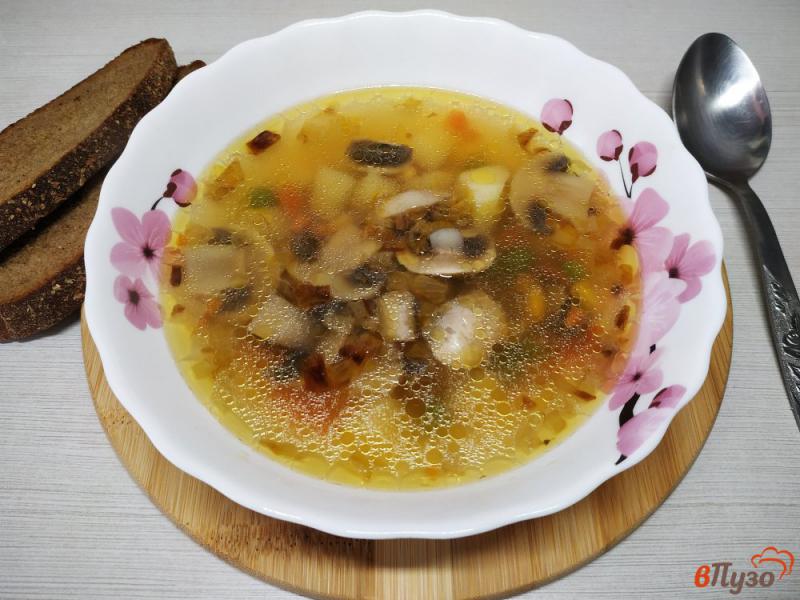 Фото приготовление рецепта: Овощной суп на курином бульоне с грибами шаг №9