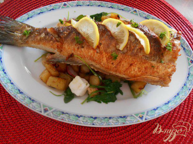 фото рецепта: Рыба-гриль с теплым салатом из редиса, фенхеля и рукколы.