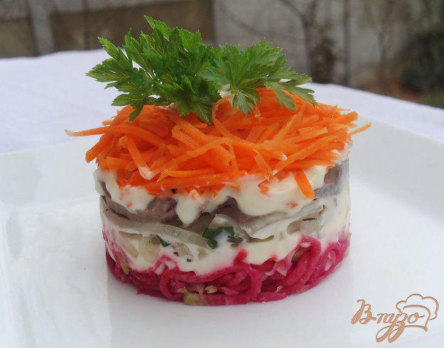 фото рецепта: Слоеный салат с красной редькой,сердцем,луком и морковью