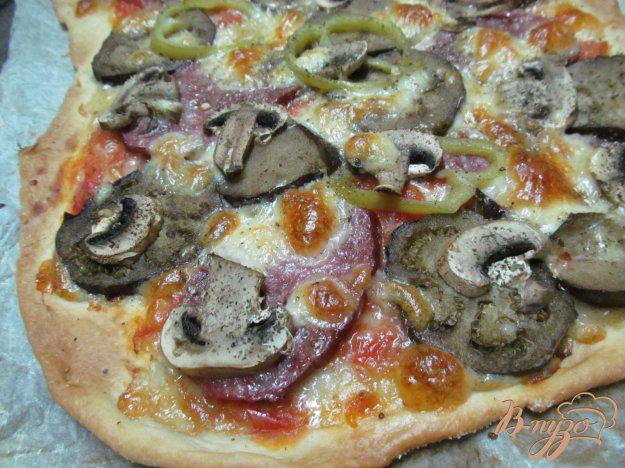 фото рецепта: Пицца с баклажаном грибами и колбасой